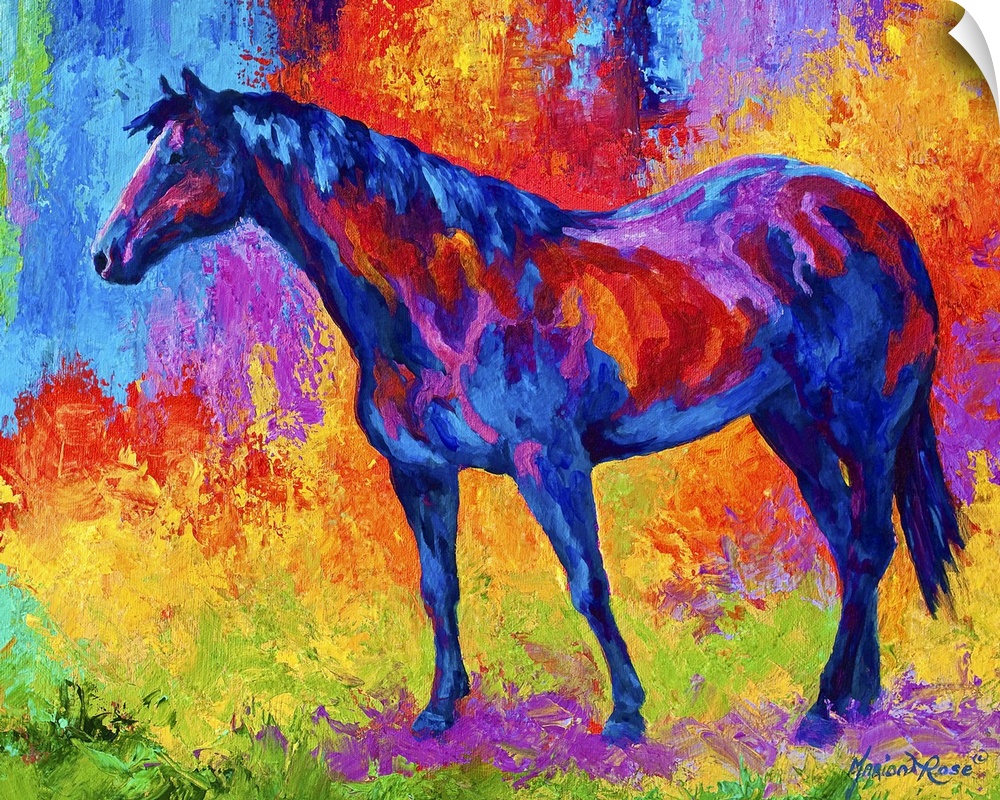 Abstract painting on canvas of a horse made up of various bright colors.