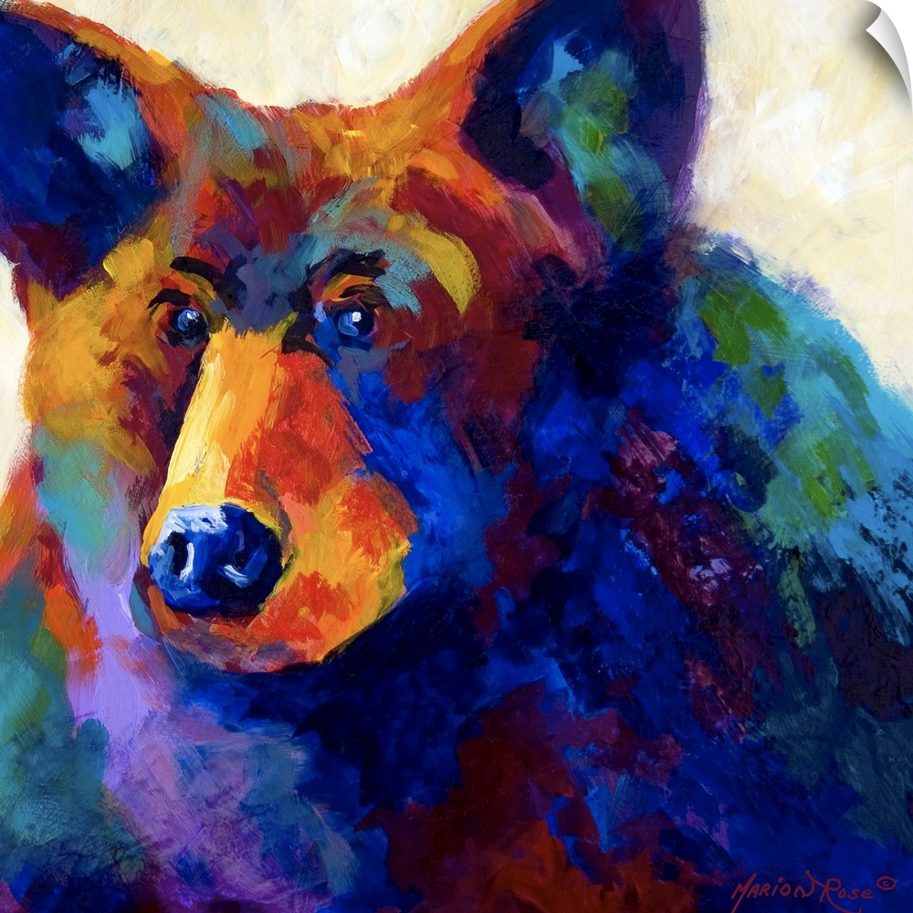 Square abstract painting of a bear with short brush textures over it.