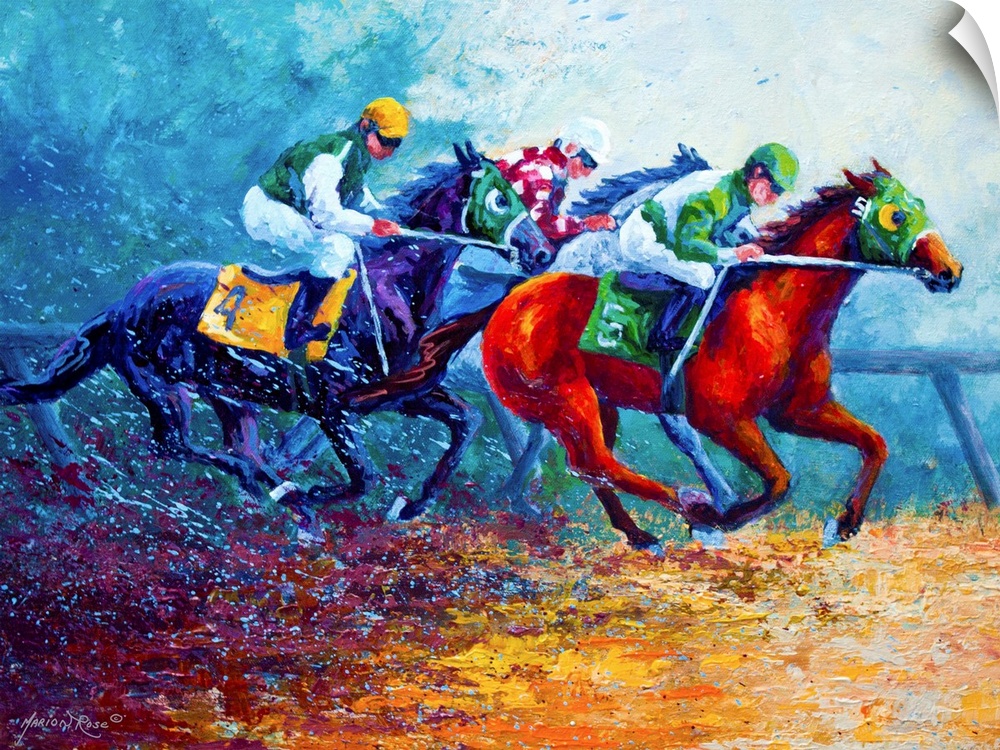 Contemporary drawing of horses racing on a track kicking up dirt behind them.
