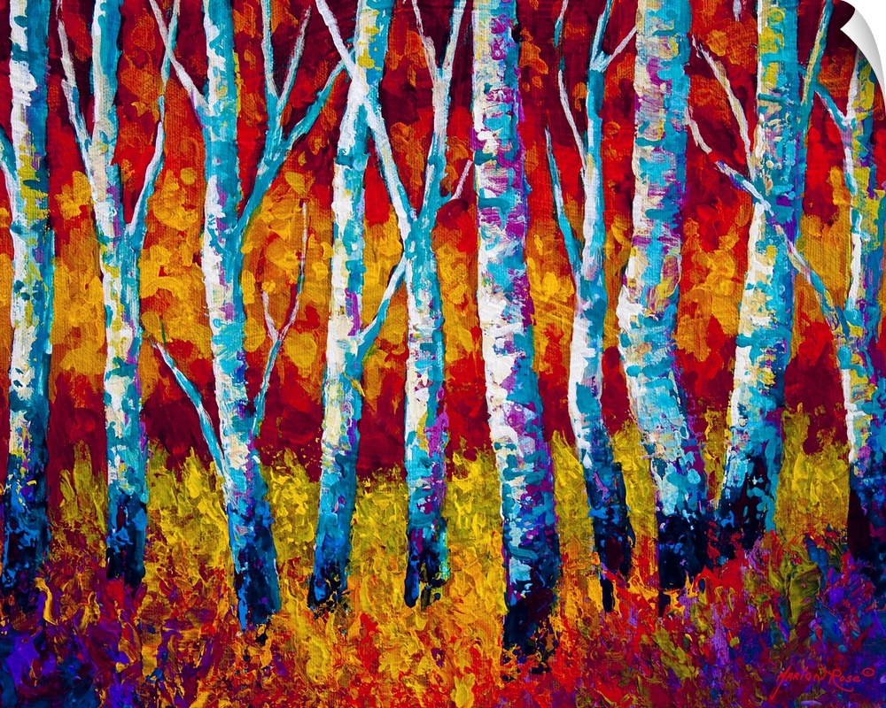 Colorful bright contemporary painting of trees in a forest with undergrowth.