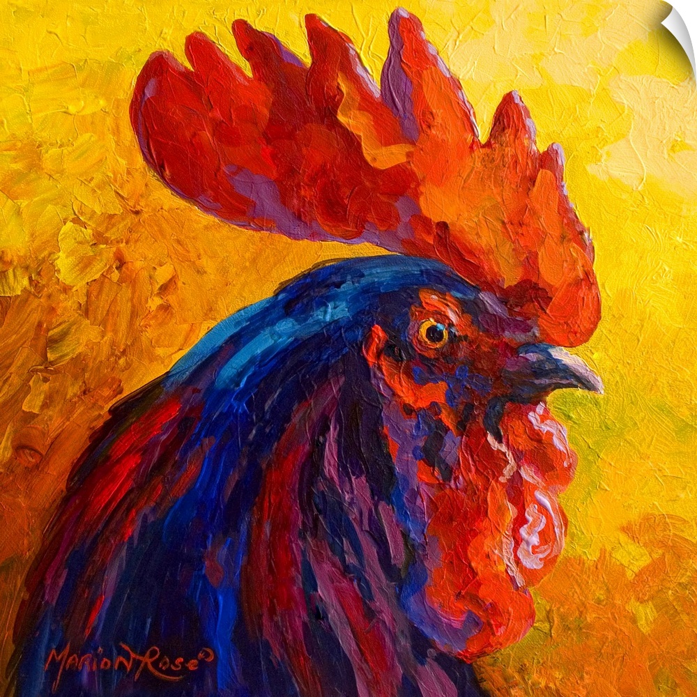 Blues and purple colors are used to paint the body of a rooster as it's surrounded by much warmer tones.