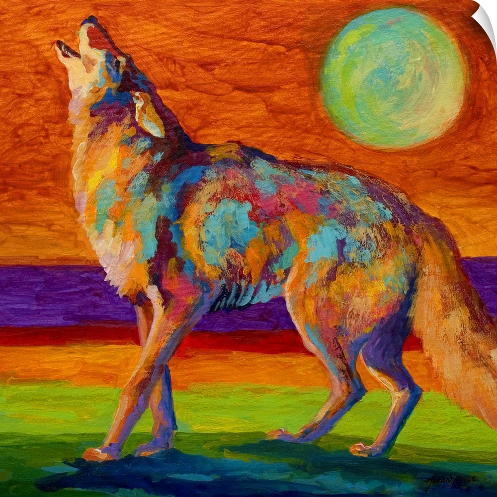 Square, oversized contemporary painting of a wolf standing on a rocky ledge, howling at the sky beneath a full moon.  Pain...