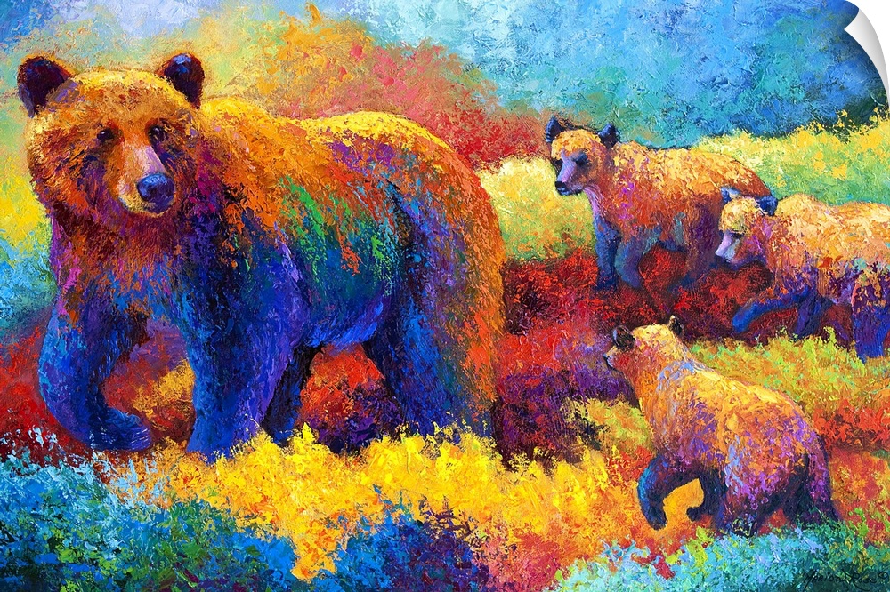 Big abstract painting on canvas of a mother bear walking through a colorful field with three baby bears following her.
