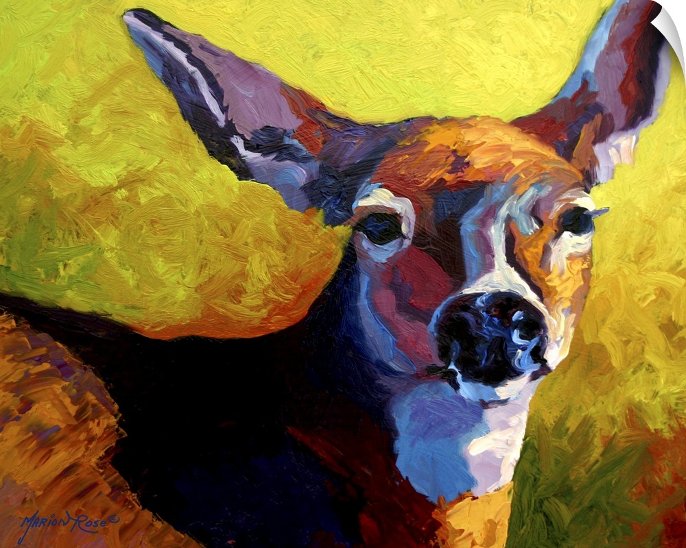 Abstract painting on canvas of a deer with long brush stroke textures.