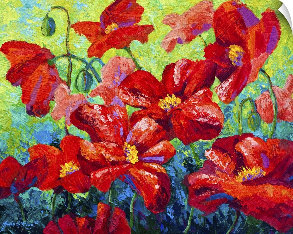 A contemporary painting of large floral blossoms created with heavily textured brushstrokes.
