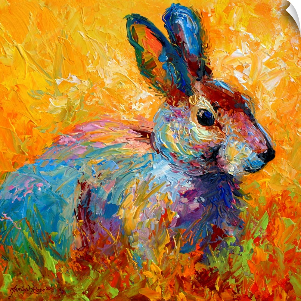 A square painting of a wild rabbit painted with wild and unexpected colors.