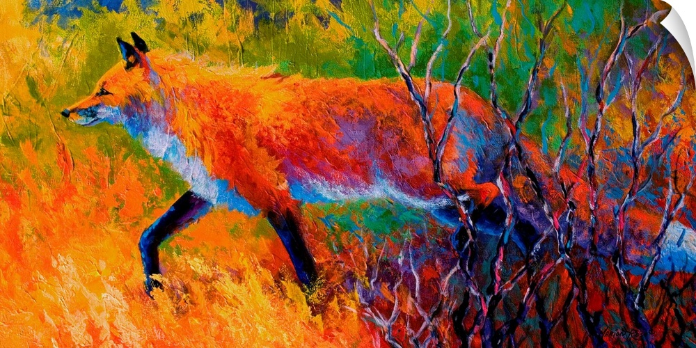 Contemporary artwork that uses vibrant colors to paint a fox as it walks through a grassy field.
