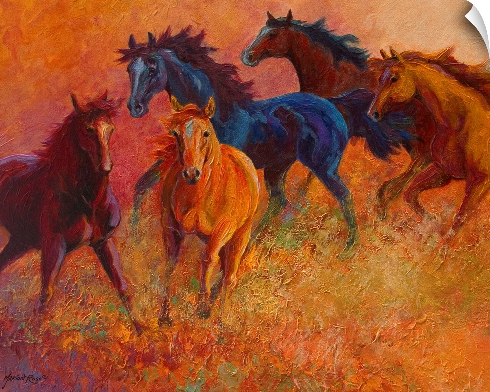 Large contemporary art displays a group of five horses galloping through an empty field.  Artist uses an abundance of eart...