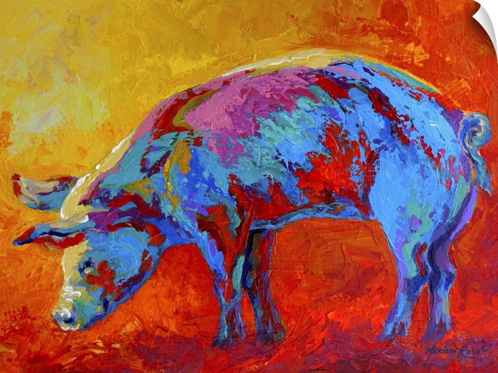 Vibrant tones are used to paint a picture of a pig that is surrounded by fiery colors.