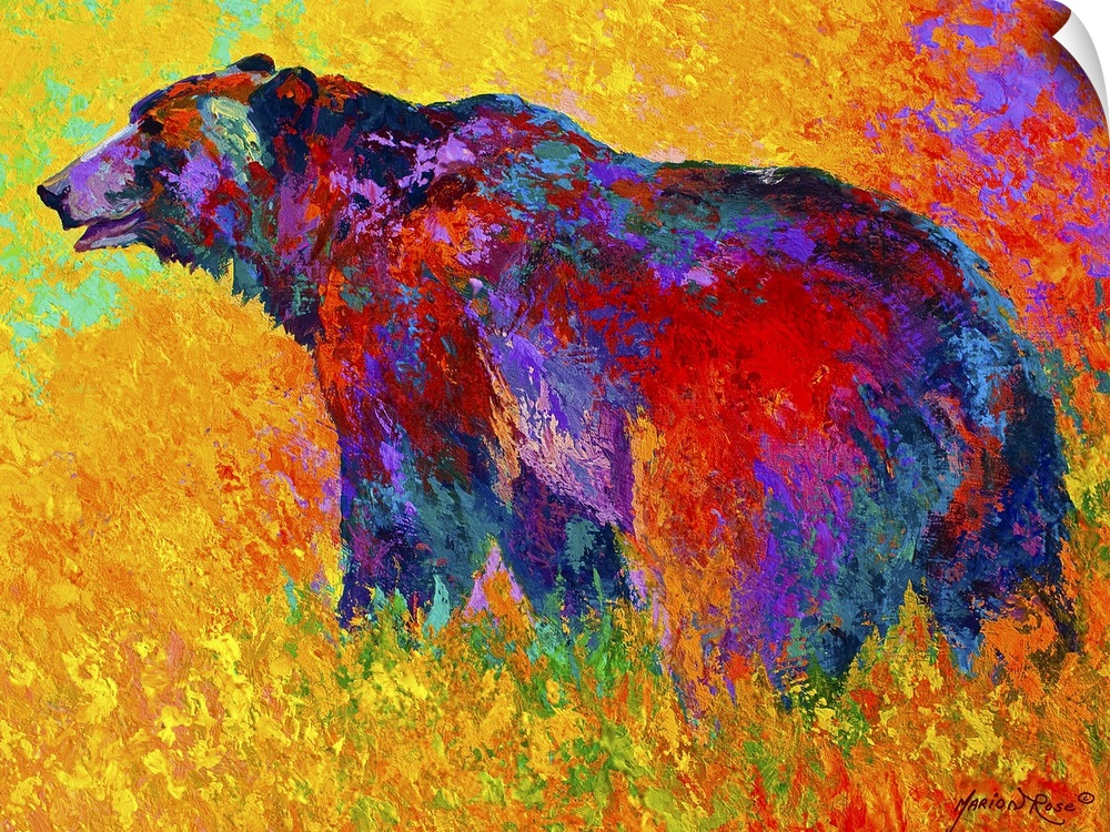 Abstract painting on canvas of a bear made up of multicolored brushstrokes.