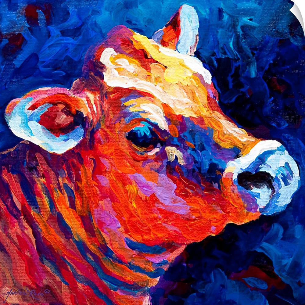 Contemporary painting of cow.  The image is created using long, wide brush strokes of color.