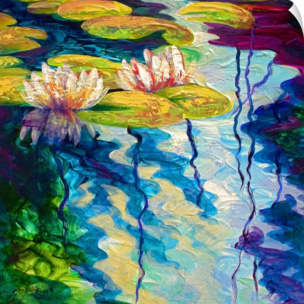 A piece of contemporary artwork that is of lily pads sitting still in a pond. Vibrant colors are used in a swivel like mot...