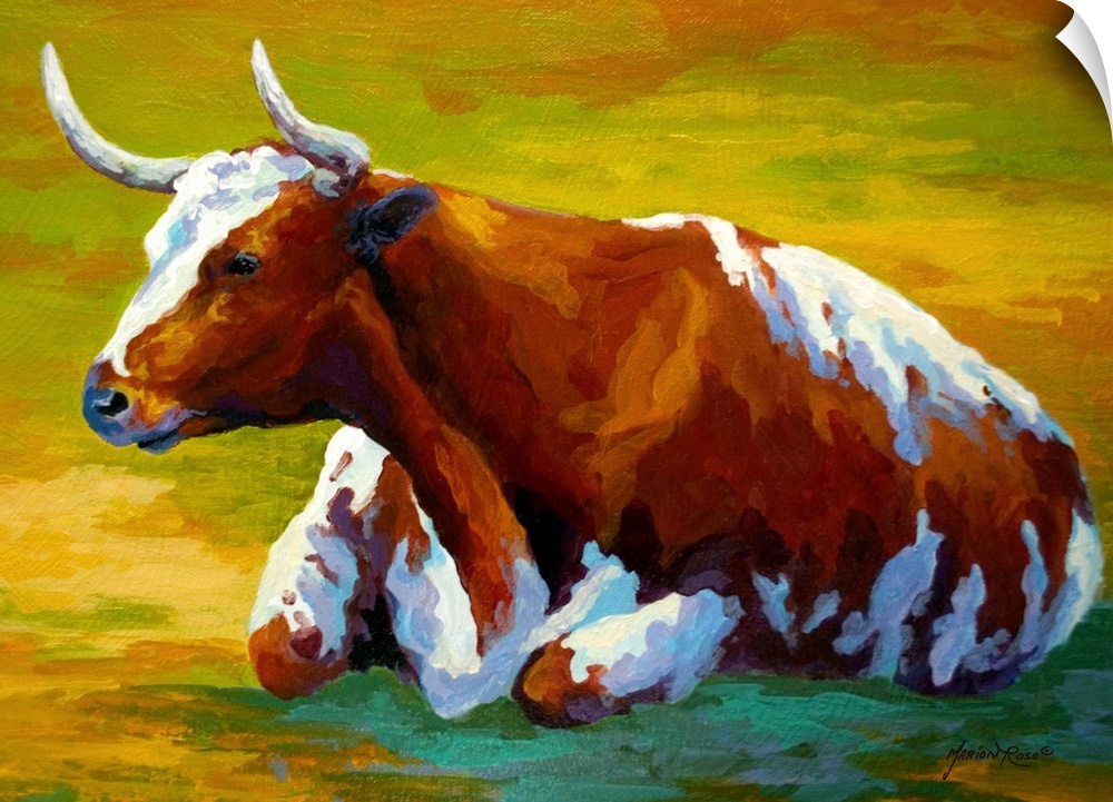 Large painting of a cow in a field.