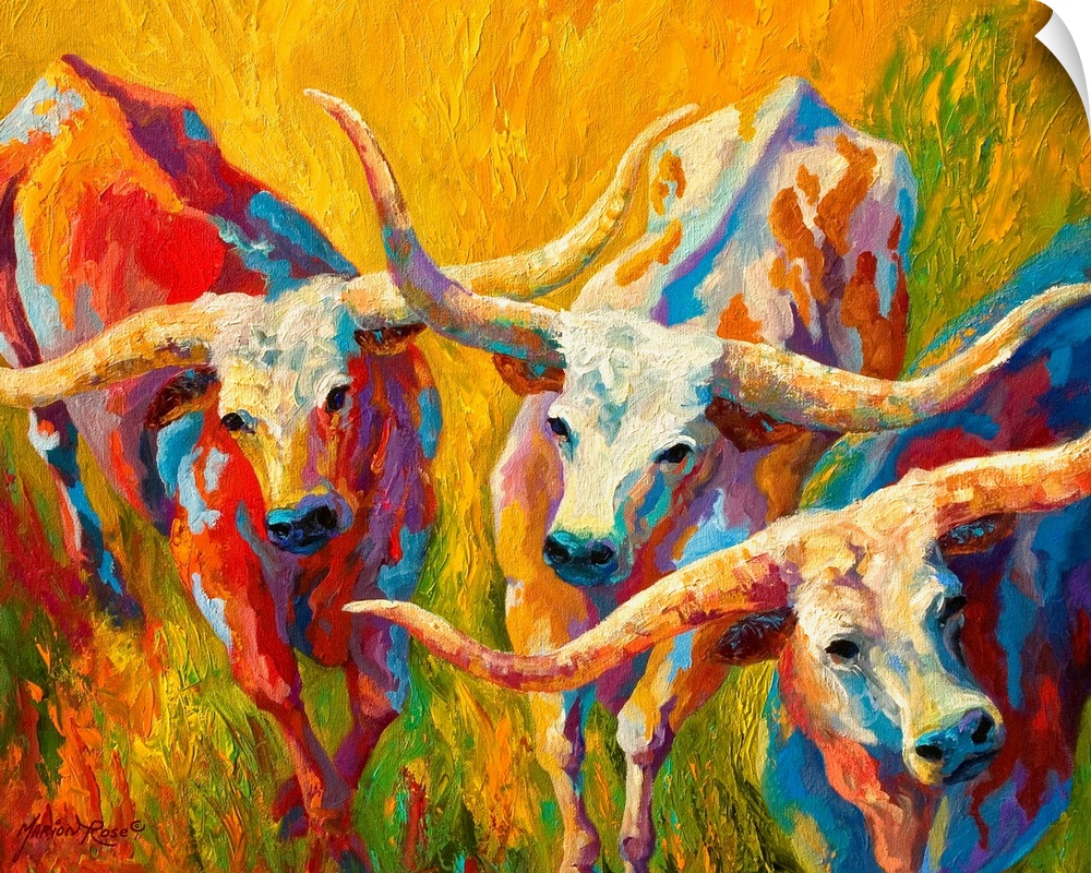 Contemporary painting by Marion Rose of three longhorn cattle in a bright, grassy field.