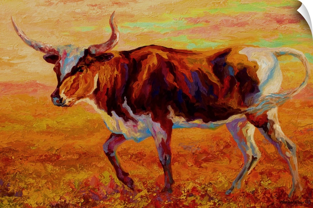 Big painting of a bull on canvas with a warm sunlight tone.
