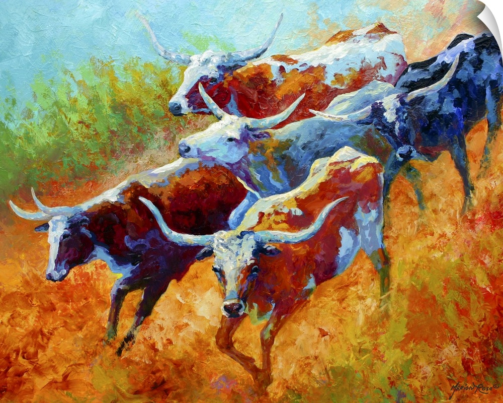 Big landscape painting of a small group of longhorn cattle running down a grassy hill.   Painted with heavily saturated to...