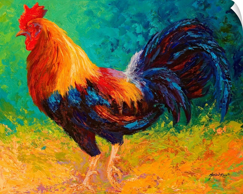 Painting on canvas of a rooster with lots of colors.