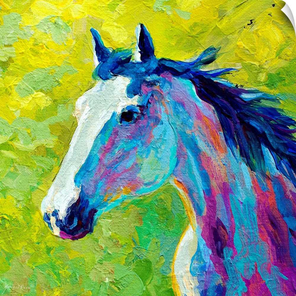 A contemporary painting of a horse done in vivid, unconventional colors. The stallion's mane is waving in the breeze.