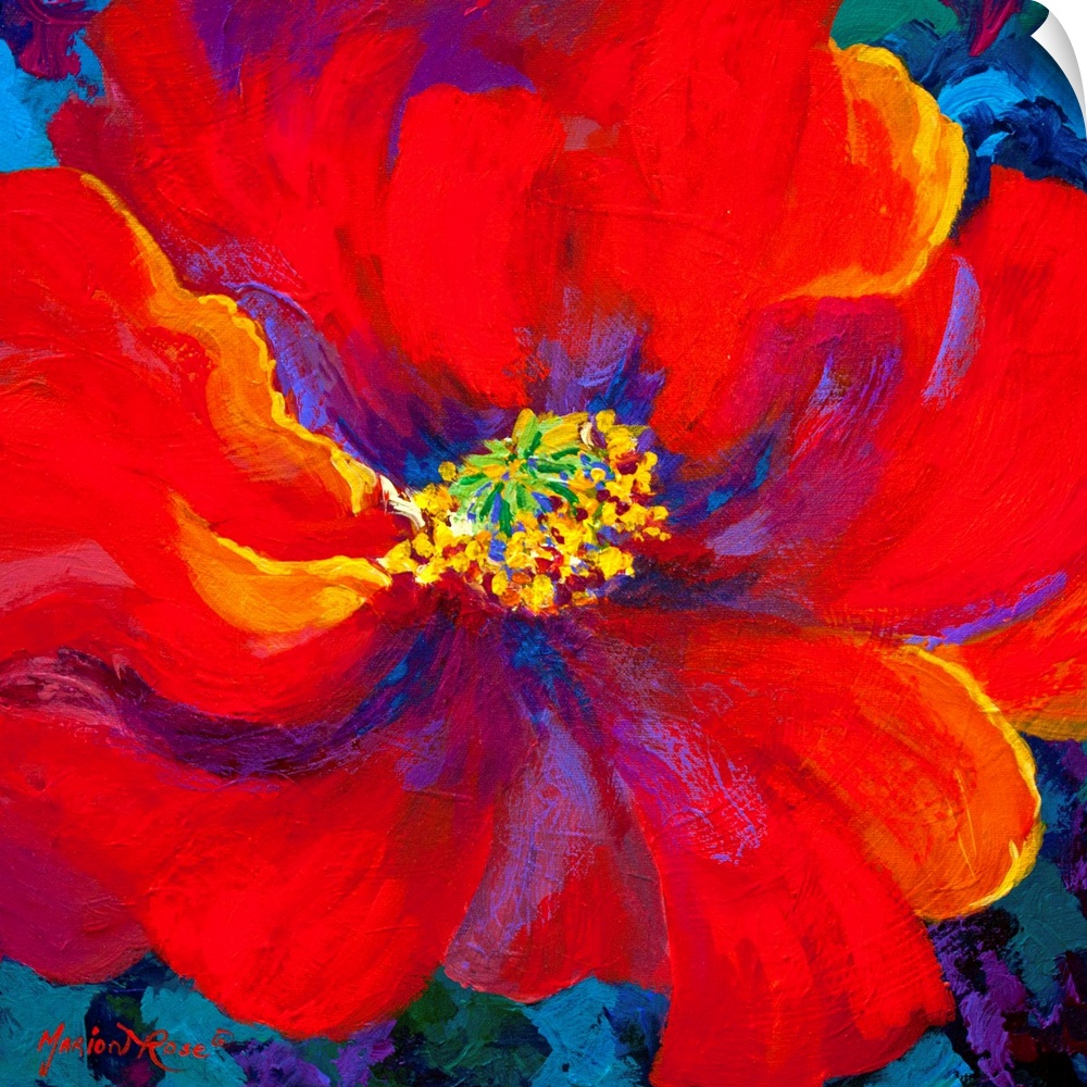 A contemporary artwork piece of a large red flower with accents of colors painted within it and a blue background.