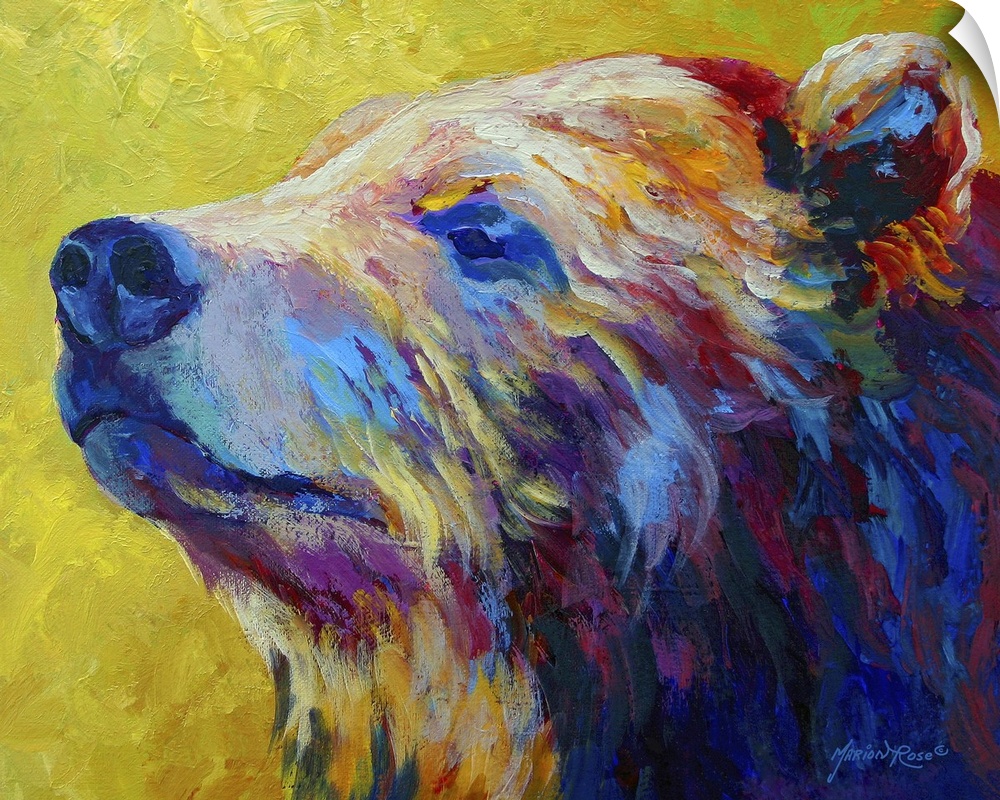 Big, horizontal painting of the face profile of a grizzly bear, painted with flowing brushstrokes in vibrant, exaggerated ...