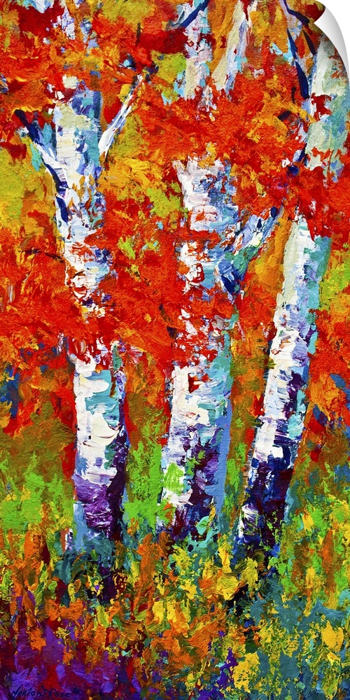 Vertical painting on a big canvas of several birch trees surrounded by vibrant fall leaves and grasses.