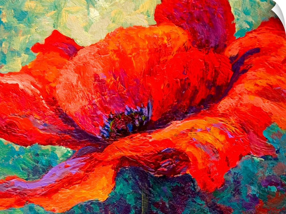 Up close contemporary painting of flower featuring its petals and stem.  The background created consists of short brush st...
