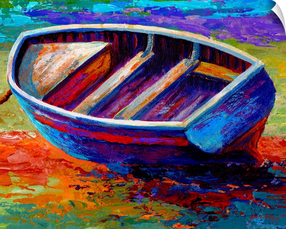 Horizontal, contemporary painting on a large canvas of a small wooden boat, leaning to one side as it sits on land.  Paint...