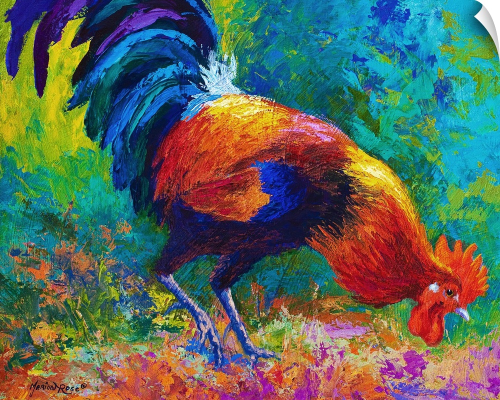 Painting of a vividly colored rooster foraging on the ground.