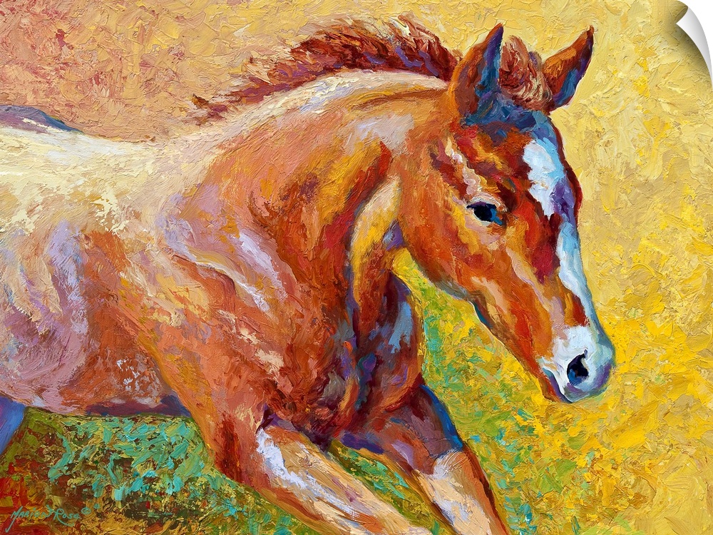 Contemporary artwork of a young female horse that uses vibrant colors to paint the area around her.