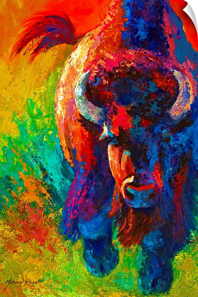Contemporary painting of charging buffalo with horns with colorful abstract background.