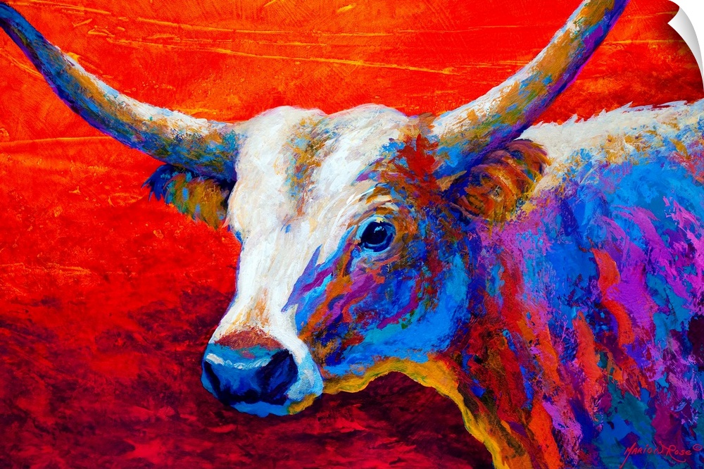 Contemporary art painting of a longhorn cow in brilliant colors on a red sunset background.