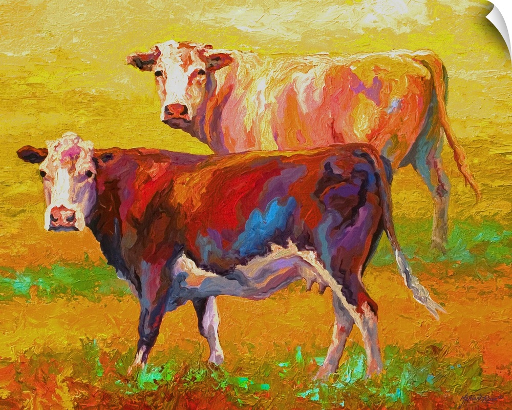 A pair of cows looking forward on a brightly-painted landscape.