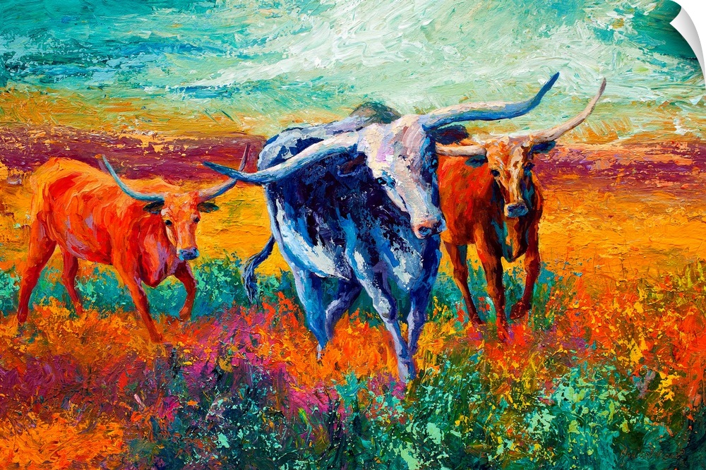 Impressionalistic painting of three longhorn cattle walking in a field. Mixture of cool and warm tones.