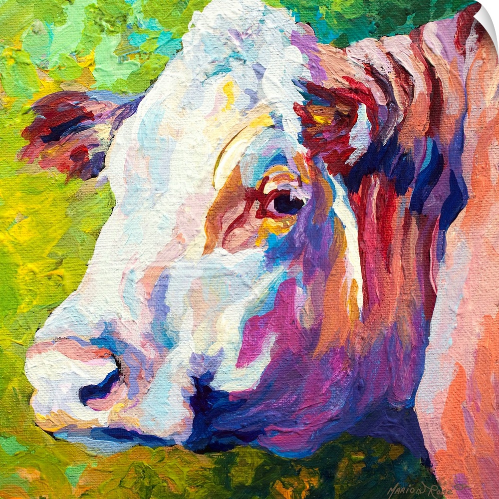 A portrait of a cow is painted as it turns its head to look backward.