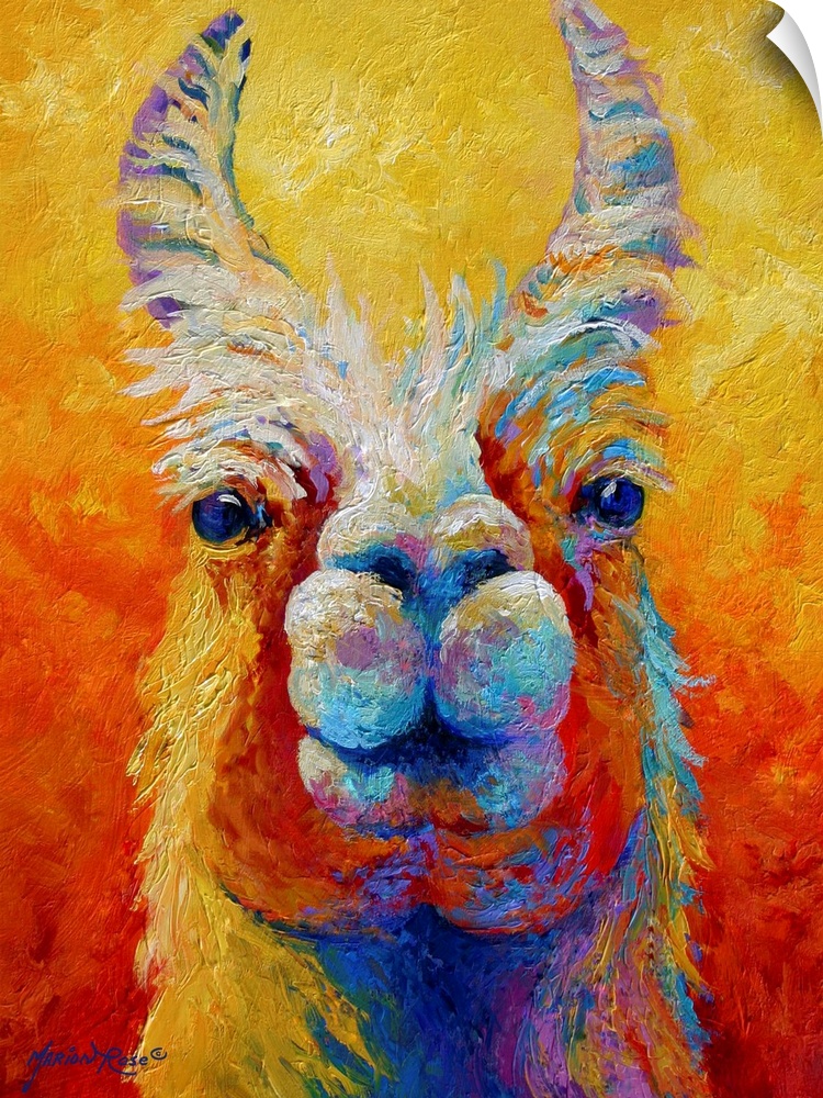 Colorful painting looking straight on at the face of a llama with his ears sticking straight up.