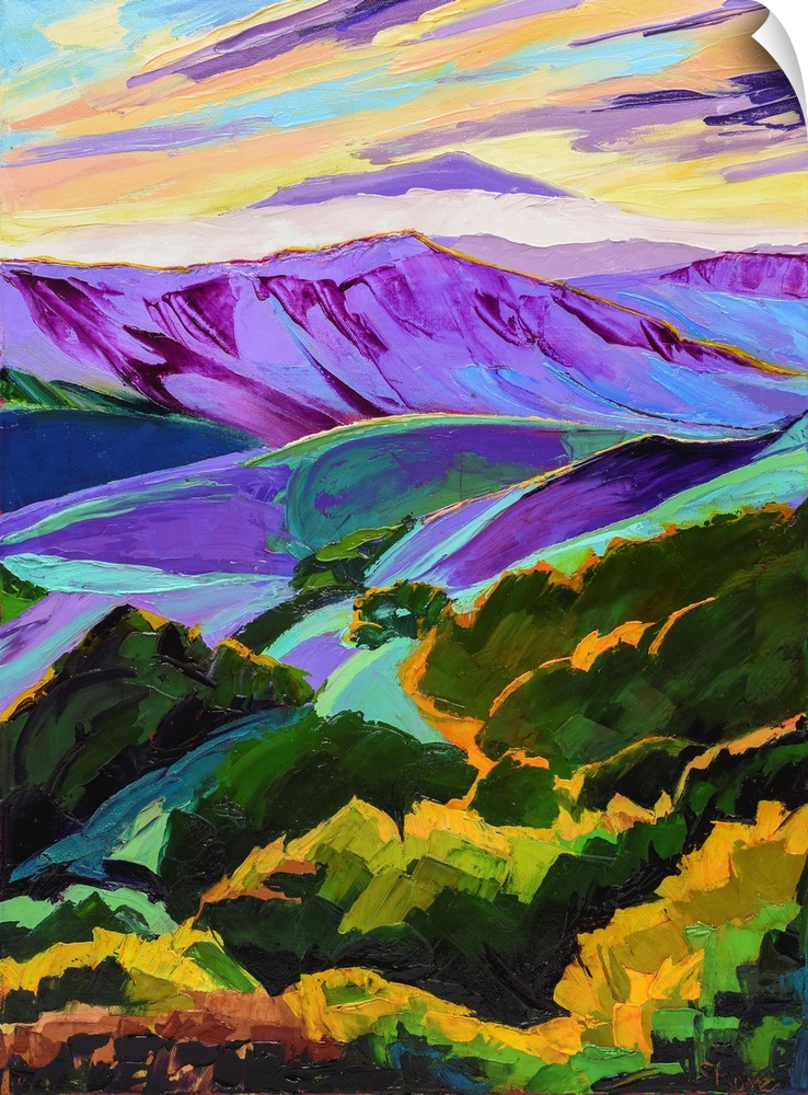 Purple and green mountains with valleys and forests.