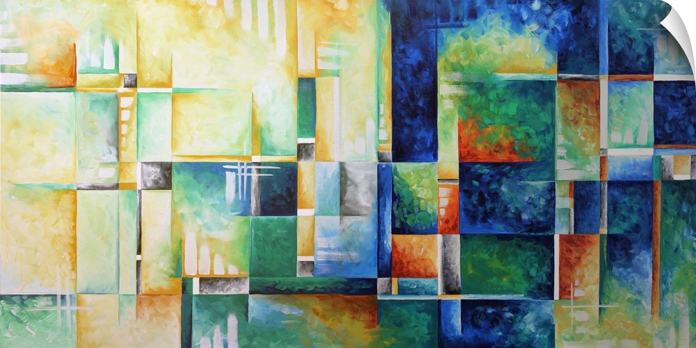 A contemporary abstract painting using a full spectrum of color against a checkered geometric background.