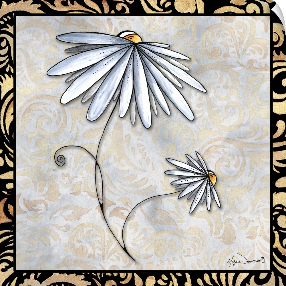 A decorative panel featuring a painting of two daisy flowers with a damask border.