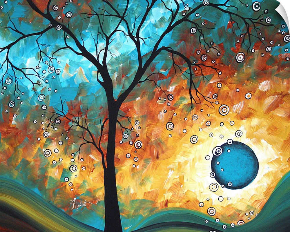 This is an abstract painting of a silhouetted tree in front of a multi-hued psychedelic landscape.
