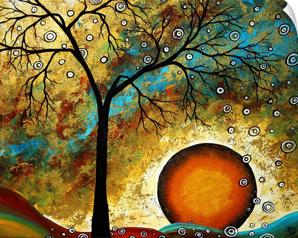 This wall art is a surreal contemporary painting of a silhouetted tree and a sun like orb falling below the horizon.