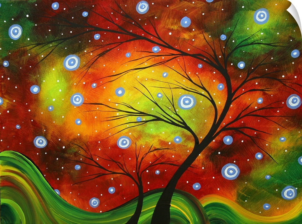 This surreal painting shows a silhouetted tree painted over a background of swirling colors and ethereal glows.