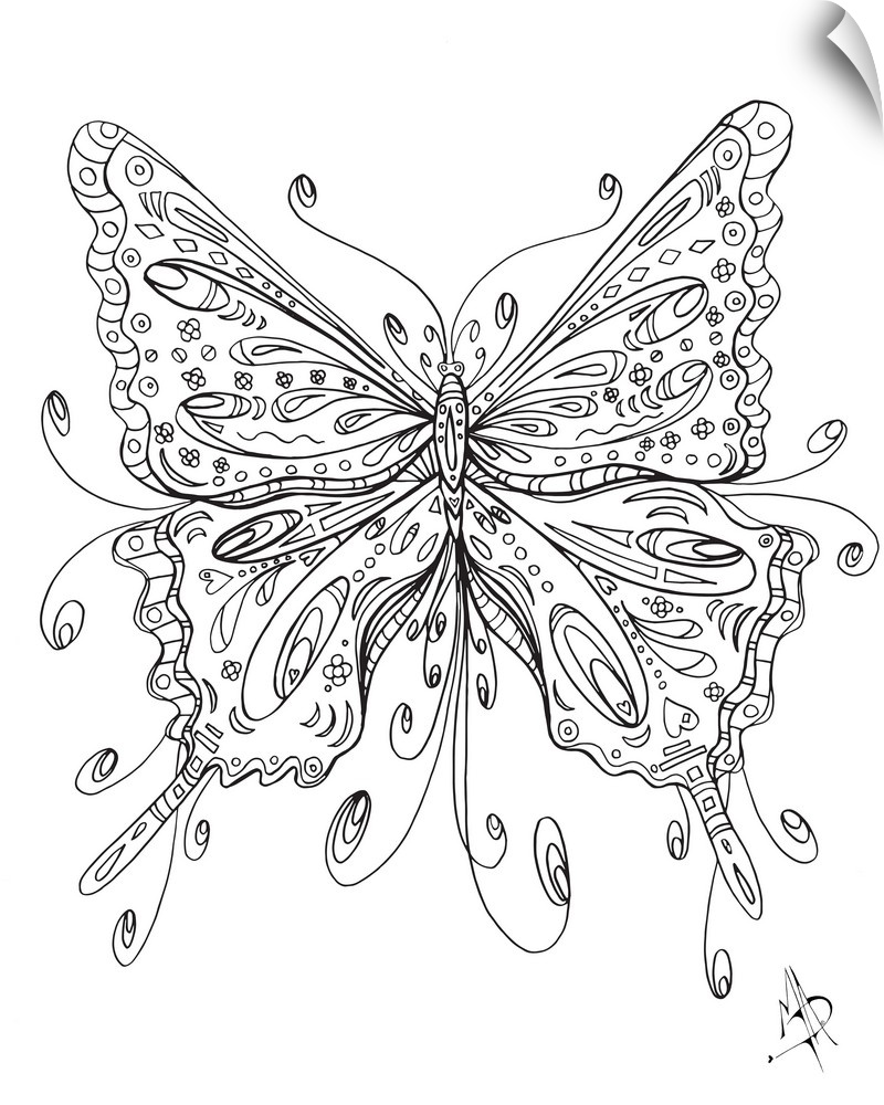 Black and white line art of a butterfly with large, patterned wings.