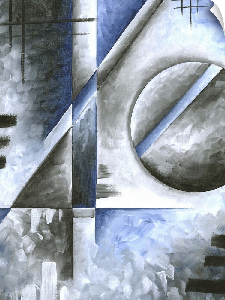 A contemporary abstract painting using angular shapes and blue and gray textures.
