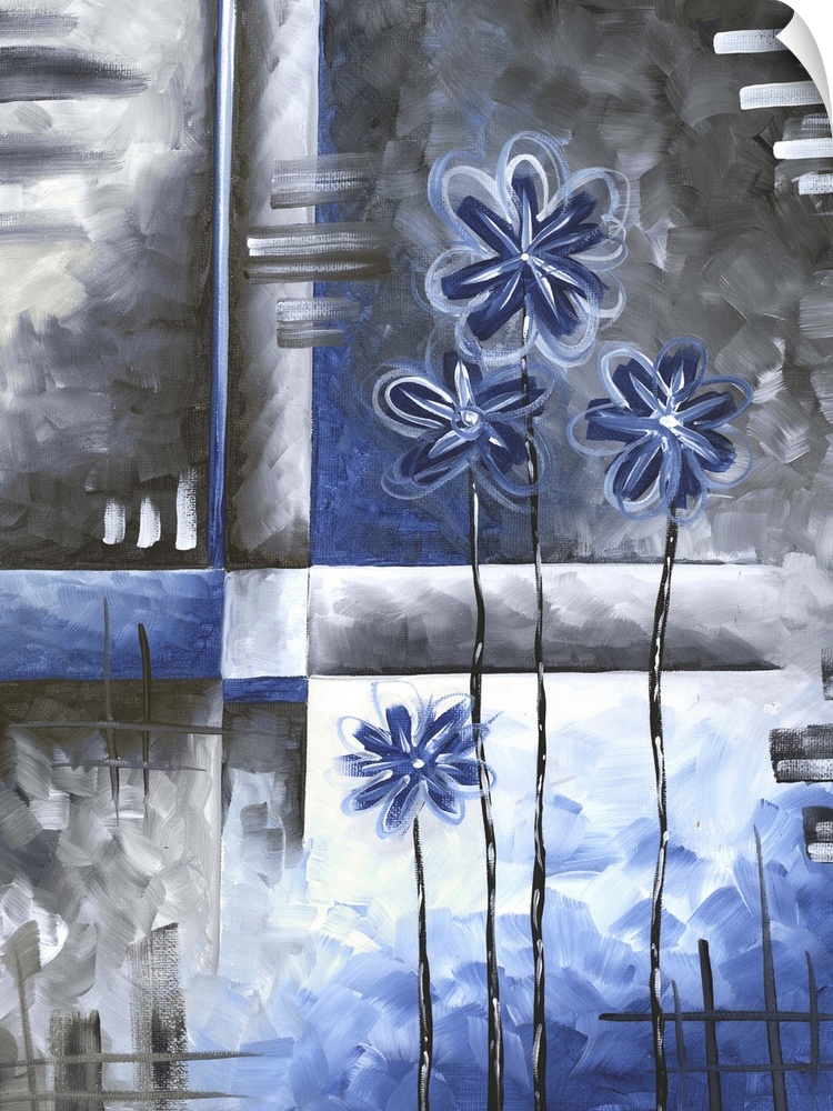 A contemporary abstract painting using angular shapes and blue and gray textures.