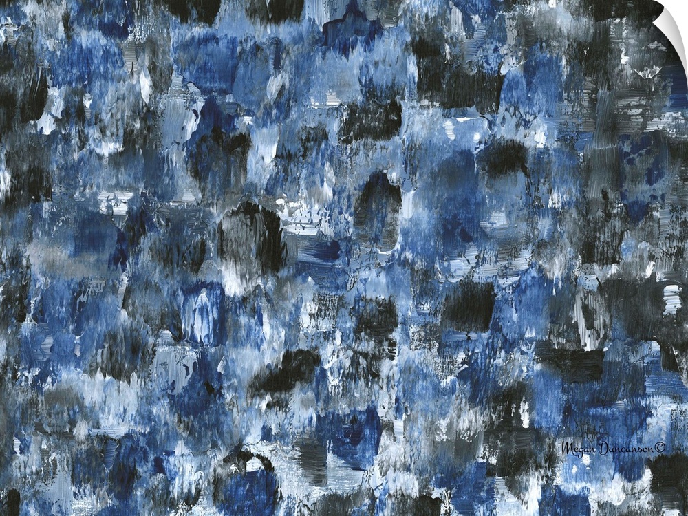 A contemporary abstract painting that has short and stout dark blue, black, white and gray brushstrokes closely together.