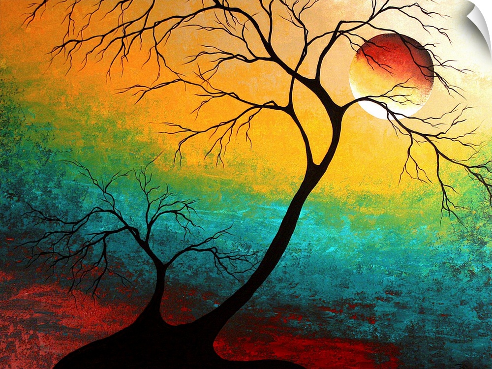 Contemporary abstract image of tree silhouettes with colorful striped horizontal sky and full moon.
