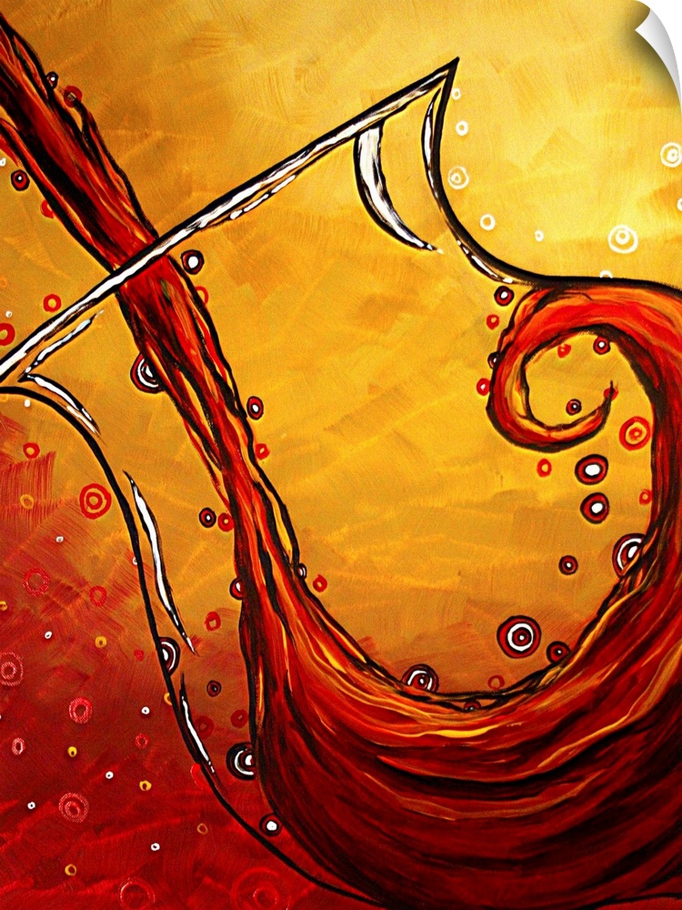 Contemporary artwork of wine being poured into a glass and swirling around with small bubbles.