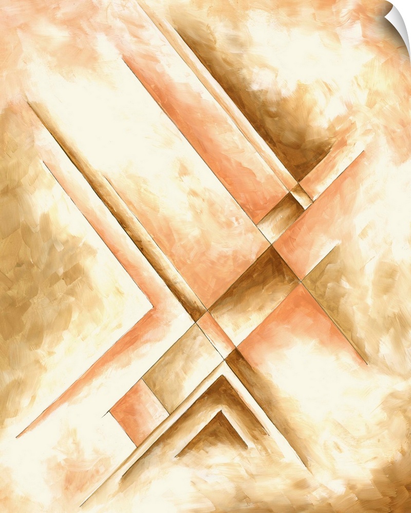 Contemporary abstract painting using tones of gold and angular shapes.