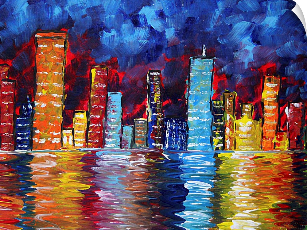 Landscape, large contemporary art of skyscrapers reflecting over water.  Painted with very heavy and deliberate brush stro...