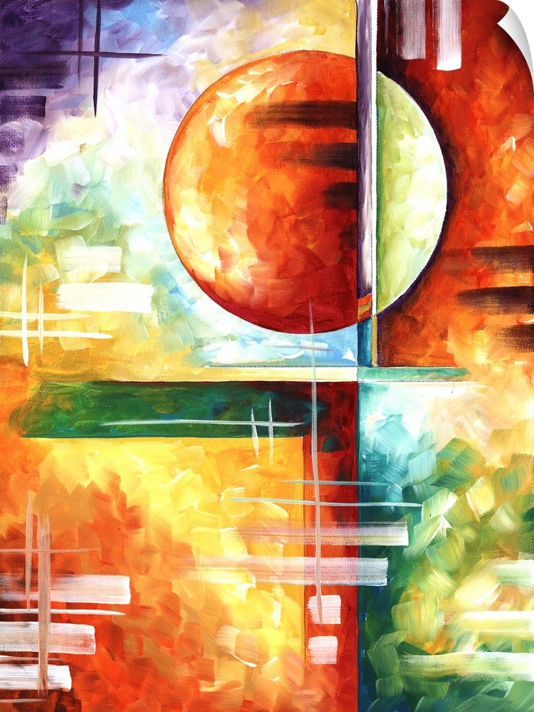 Contemporary abstract painting using a wide spectrum of colors and angular geometric shapes.